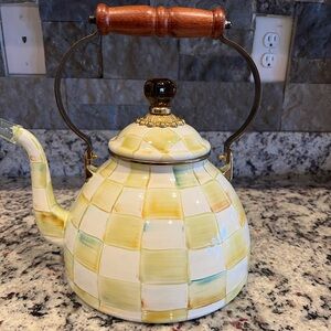 Mackenzie-Childs Parchment Check 3 quart Tea Kettle.  PLEASE READ - 1 REPAIR!